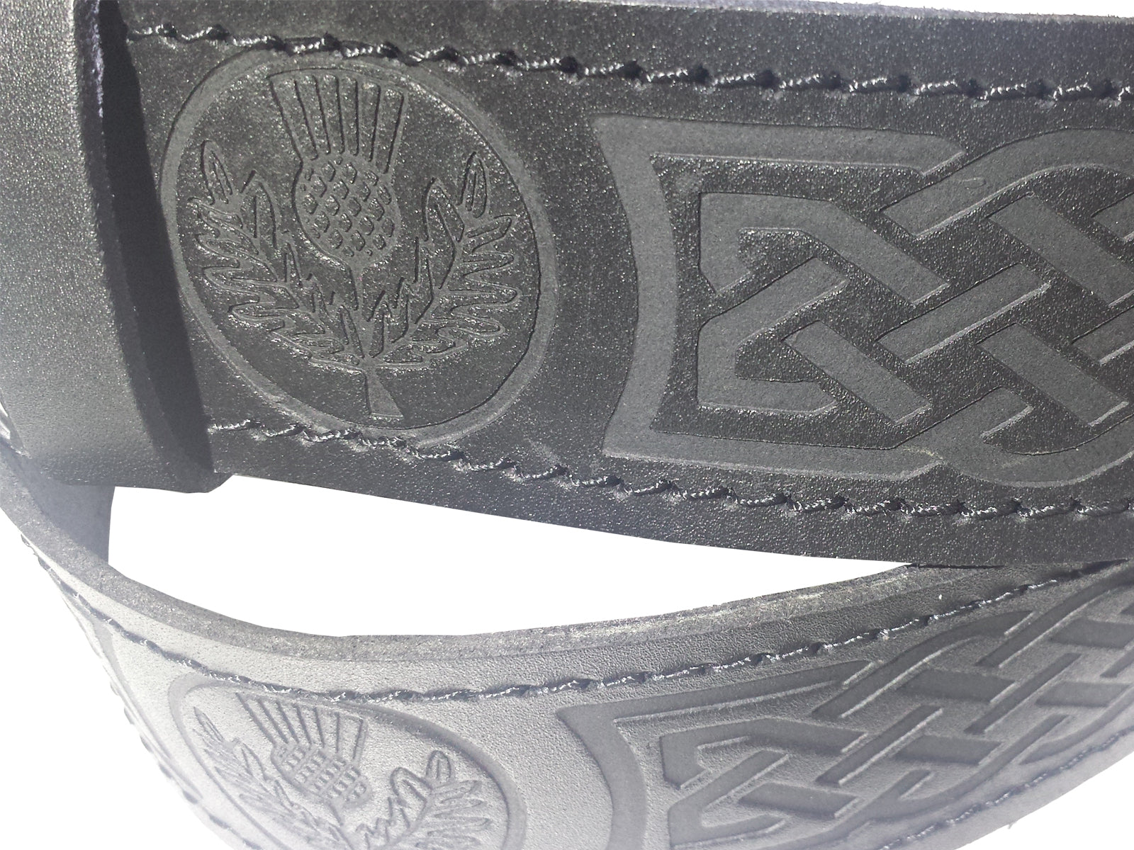 Scottish Highlander Black Leather Embossed Thistle Kilt Belt
