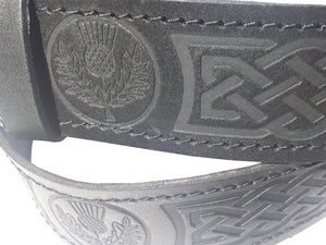 Scottish Highlander Black Leather Embossed Thistle Kilt Belt