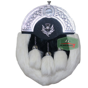 White Fur Rabbit Three Teasel Sporran With Leather Chain Belt