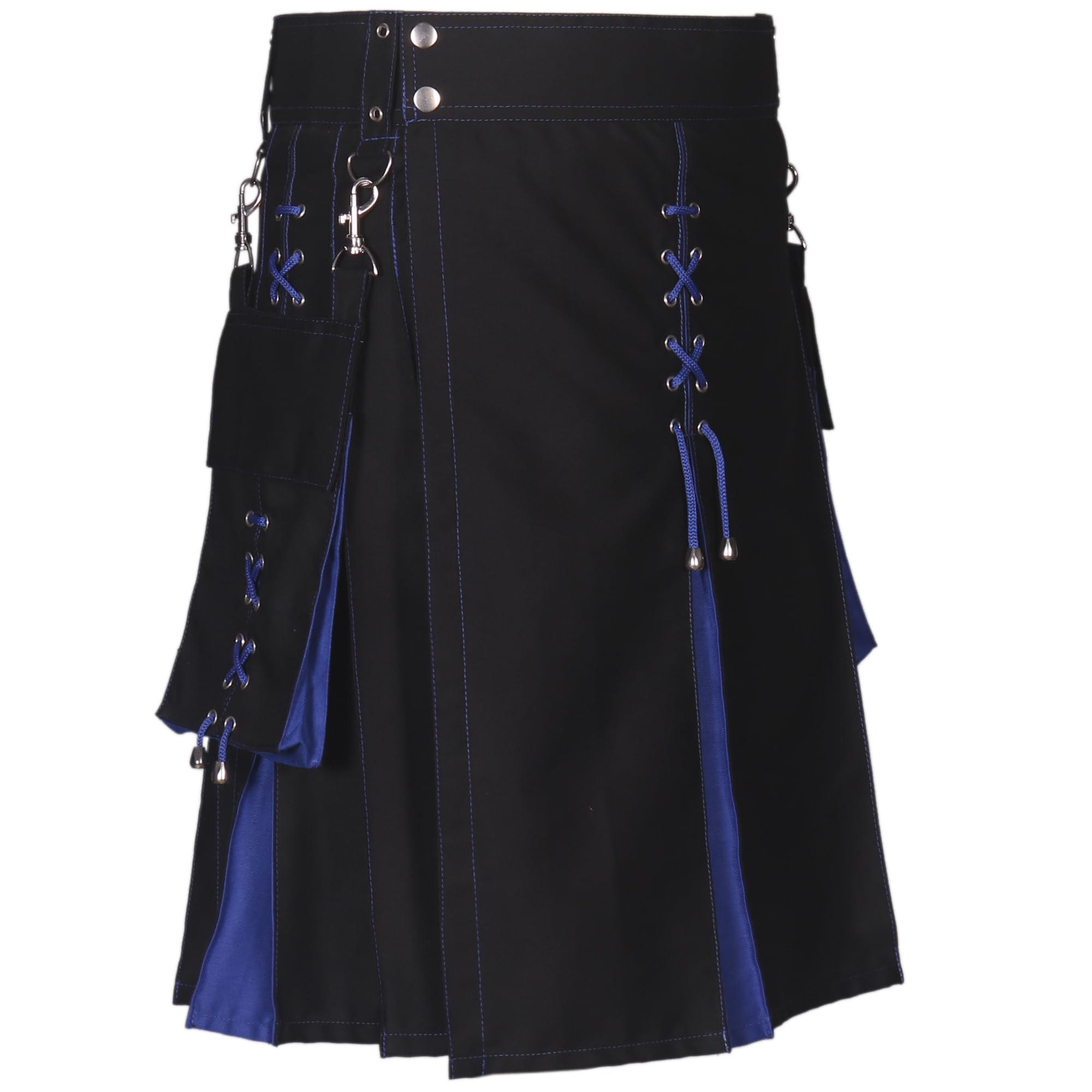Herren Utility Kilt Hybrid – 100 % Baumwoll-Denim-Stoff Moderner taktischer Kilt mit Cargotaschen | 24 Zoll Länge | Mode Arbeits- & Freizeitkleidung (US, Numerisch, 48, Regular, Regular, Schwarz/Blau)