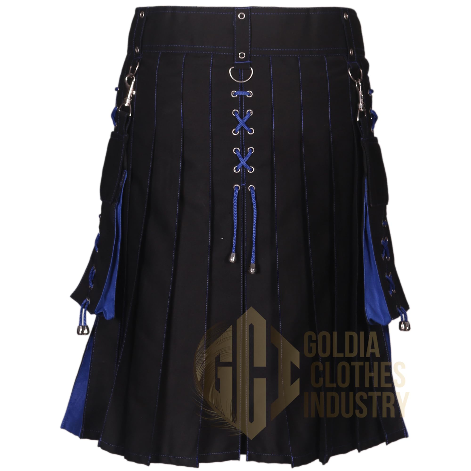 Herren Utility Kilt Hybrid – 100 % Baumwoll-Denim-Stoff Moderner taktischer Kilt mit Cargotaschen | 24 Zoll Länge | Mode Arbeits- & Freizeitkleidung (US, Numerisch, 48, Regular, Regular, Schwarz/Blau)