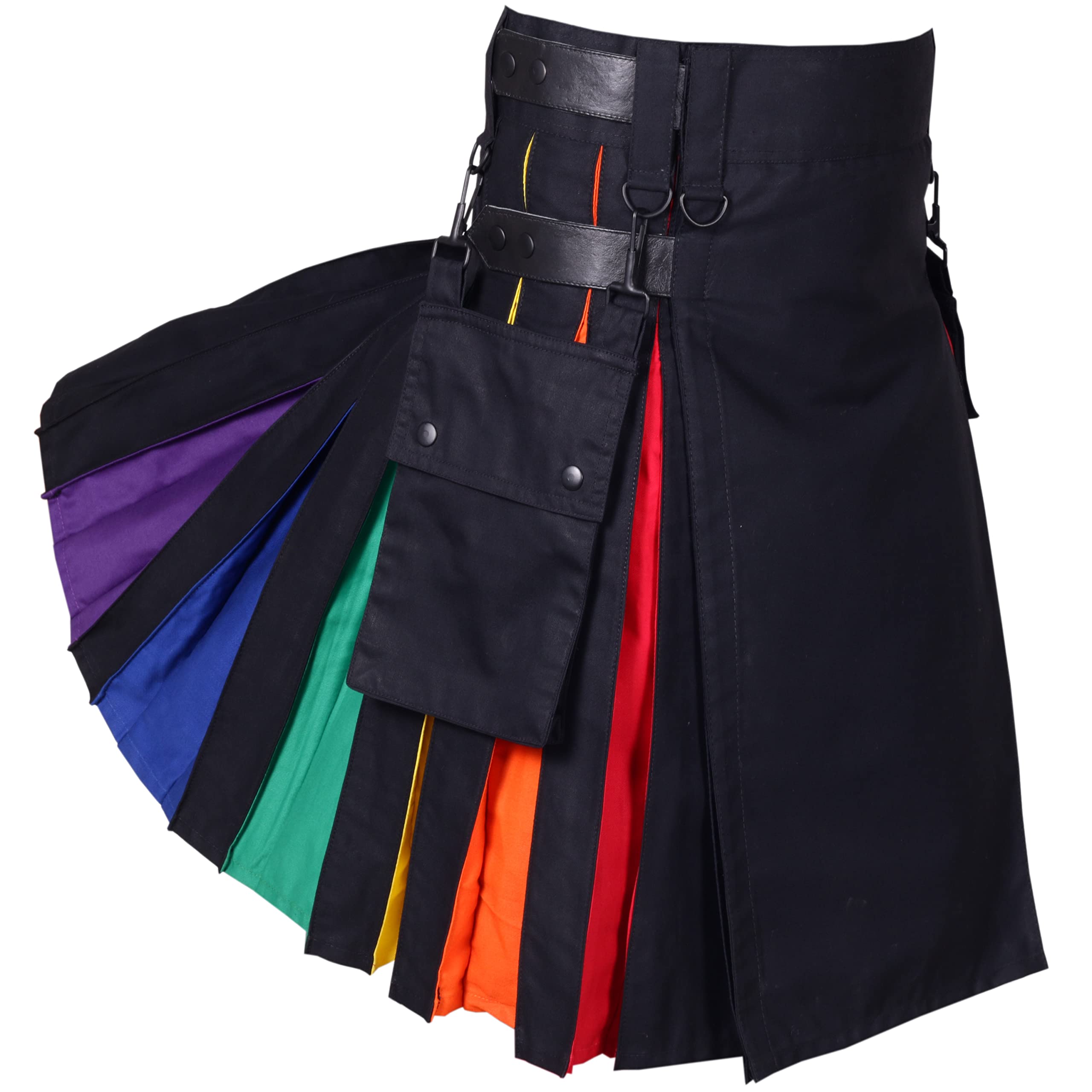 Black Leather Straps Rainbow Pleats Utility Kilts for Men