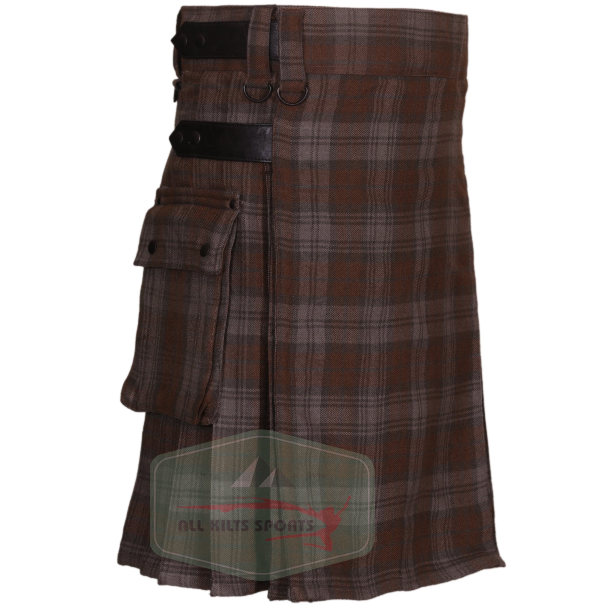 Black Watch Weathered Utility Kilt with Leather Straps and Cargo Pockets