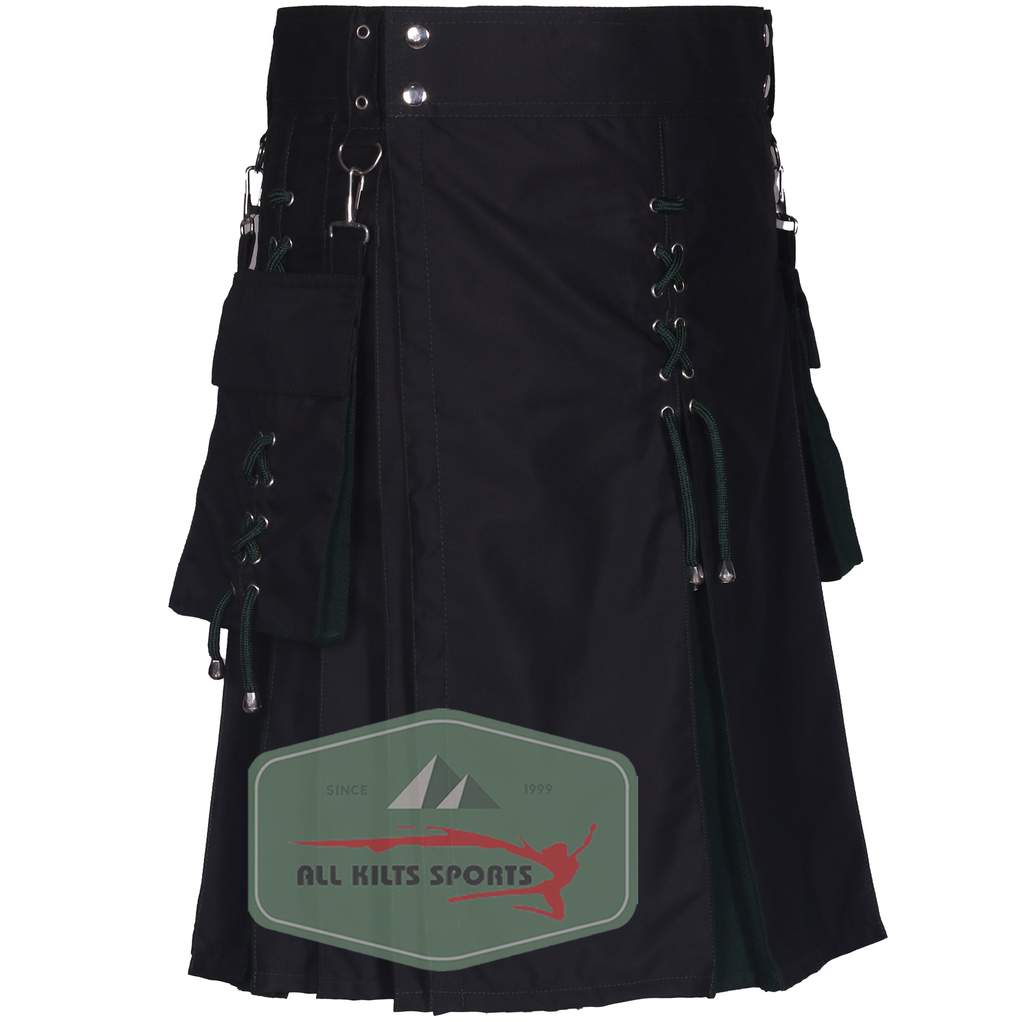 Black Cotton & Solid Green Utility Kilt – Hybrid Design with Laced Accents & Functional Pockets
