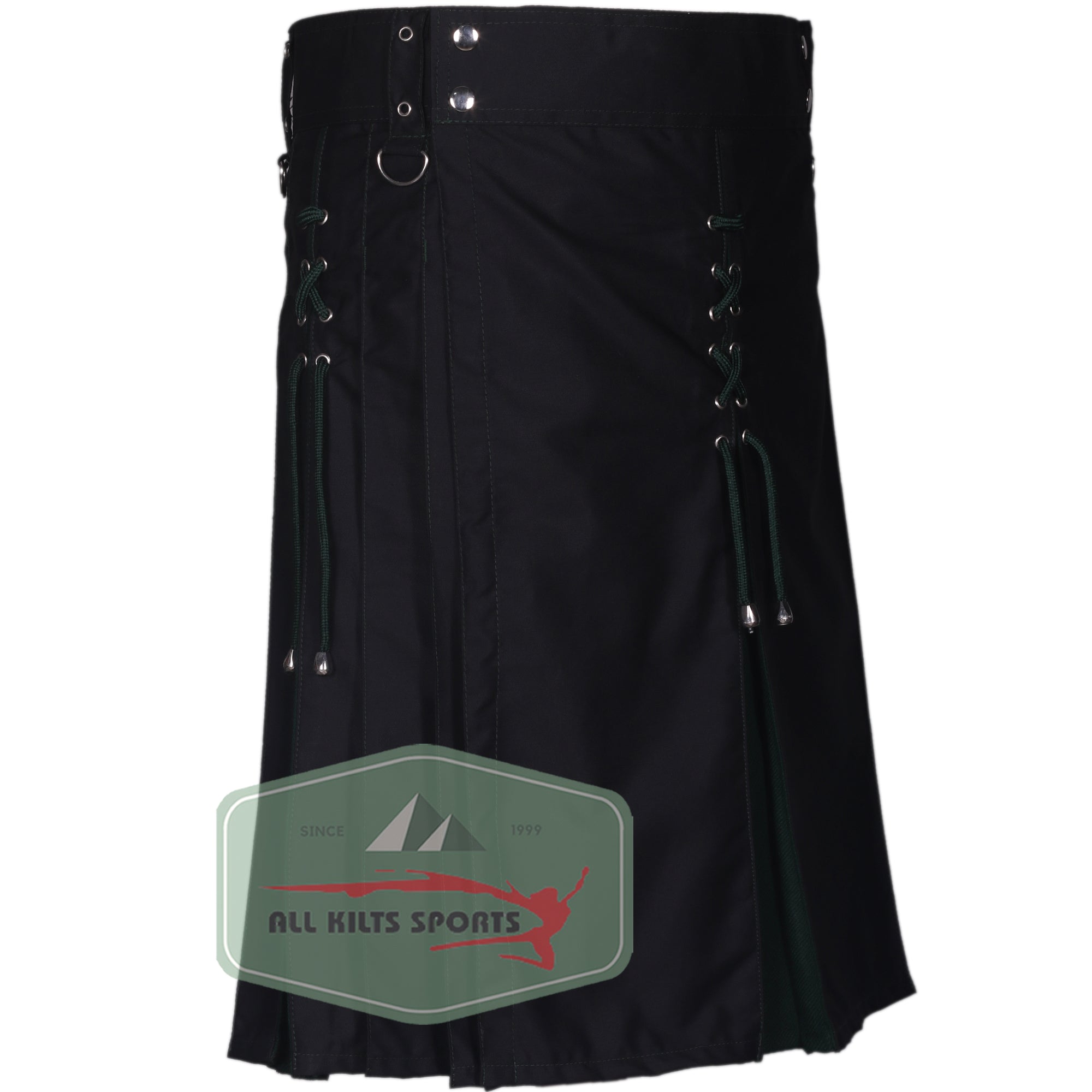 Black Cotton & Solid Green Utility Kilt – Hybrid Design with Laced Accents & Functional Pockets