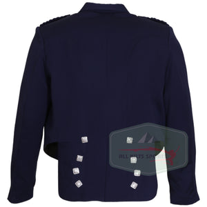 Scottish Dark Blue Charlie Jacket and Vest with satin lapels, braided epaulettes, and silver buttons, made from 15oz Barathea wool.