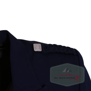 Scottish Dark Blue Charlie Jacket and Vest with satin lapels, braided epaulettes, and silver buttons, made from 15oz Barathea wool.