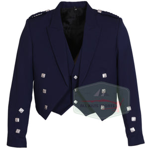 Scottish Dark Blue Charlie Jacket and Vest with satin lapels, braided epaulettes, and silver buttons, made from 15oz Barathea wool.