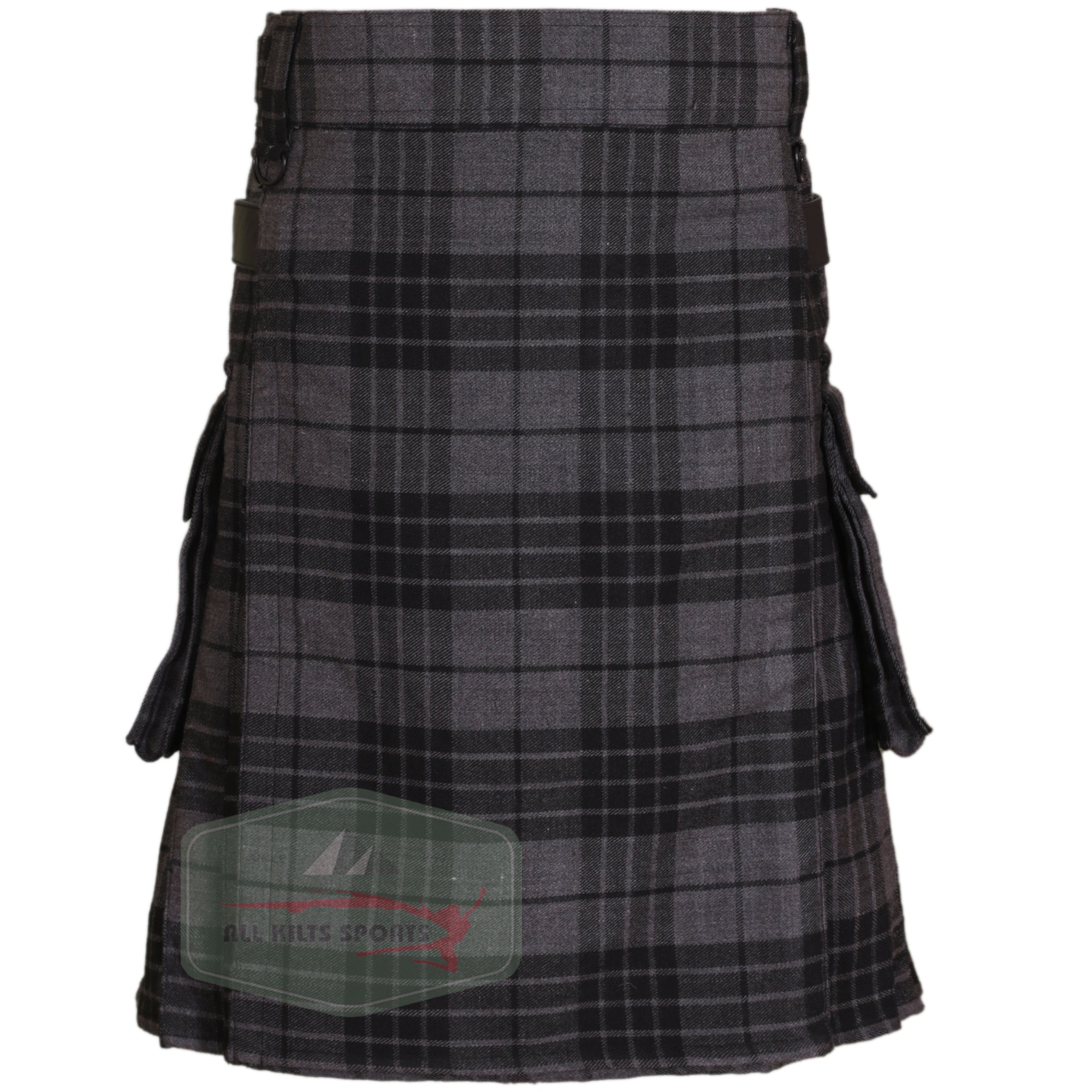 Dark Grey Highlander Utility Kilt with Leather Straps and Cargo Pockets