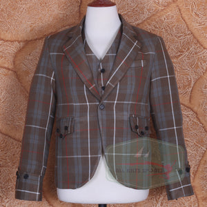 Freaser Weathered Argyle Jacket with matching tartan vest in brown, grey, and red acrylic wool