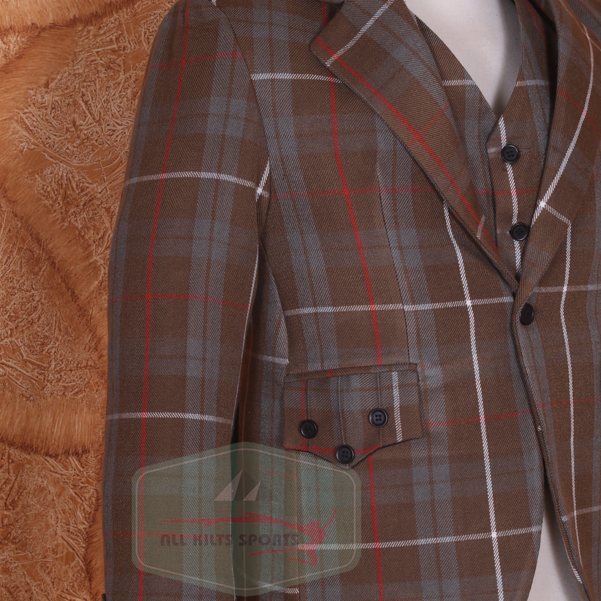 Freaser Weathered Argyle Jacket with matching tartan vest in brown, grey, and red acrylic wool