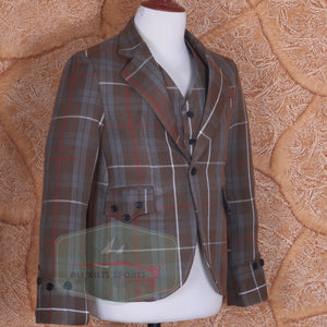 Freaser Weathered Argyle Jacket with matching tartan vest in brown, grey, and red acrylic wool