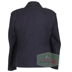 Scottish Dark Grey Argyll Kilt Jacket and Vest made from Vacuna wool, featuring horn buttons and braided epaulettes for Highland formal wear.