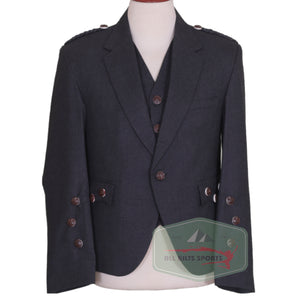Scottish Dark Grey Argyll Kilt Jacket and Vest made from Vacuna wool, featuring horn buttons and braided epaulettes for Highland formal wear.