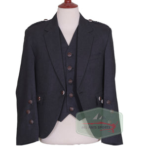 Scottish Dark Grey Argyll Kilt Jacket and Vest made from Vacuna wool, featuring horn buttons and braided epaulettes for Highland formal wear.