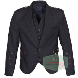 Scottish Dark Grey Argyll Kilt Jacket and Vest made from Vacuna wool, featuring horn buttons and braided epaulettes for Highland formal wear.