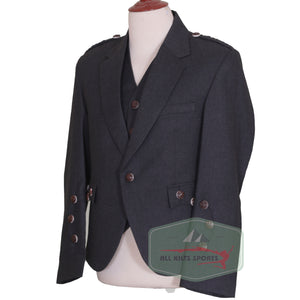 Scottish Dark Grey Argyll Kilt Jacket and Vest made from Vacuna wool, featuring horn buttons and braided epaulettes for Highland formal wear.