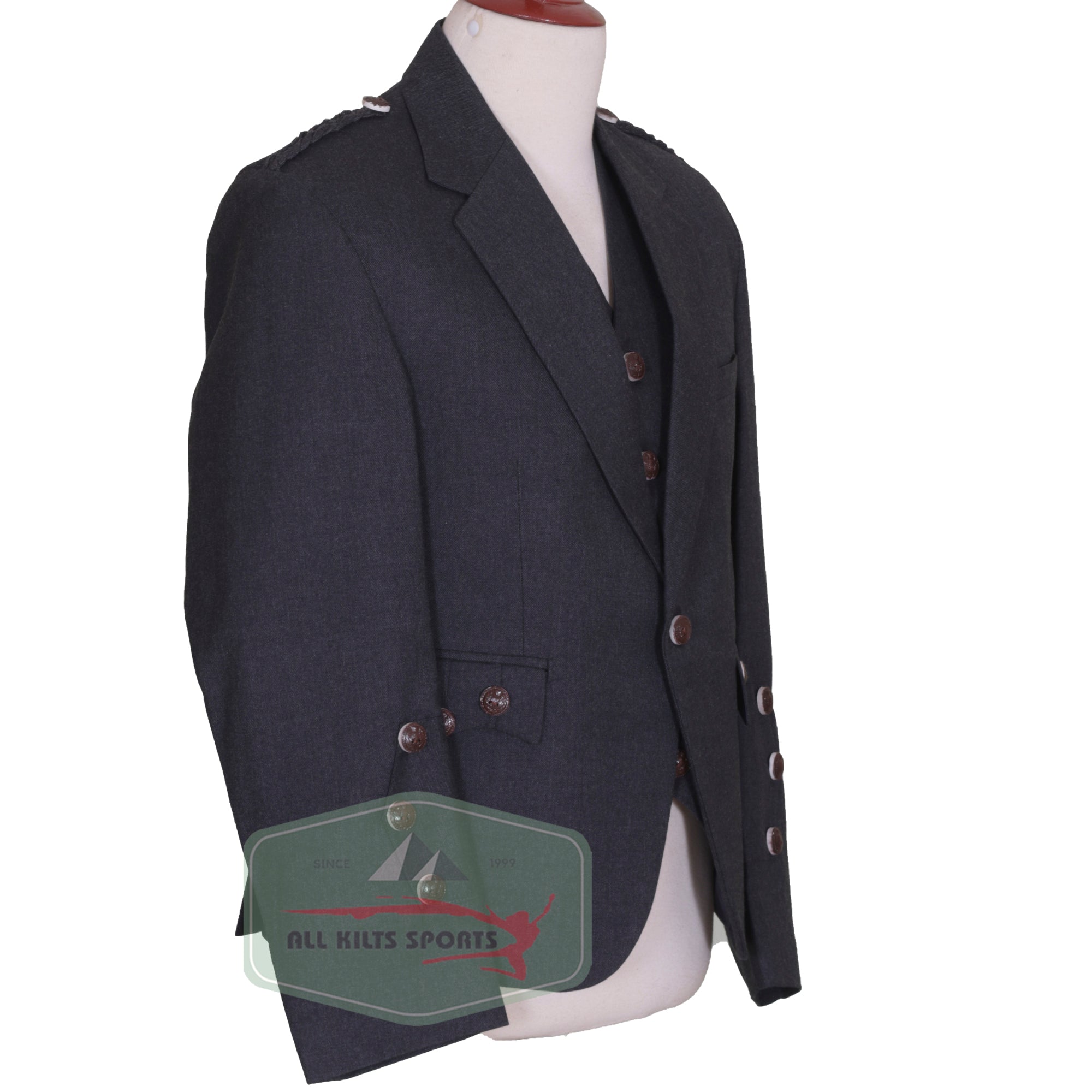 Scottish Dark Grey Argyll Kilt Jacket and Vest made from Vacuna wool, featuring horn buttons and braided epaulettes for Highland formal wear.
