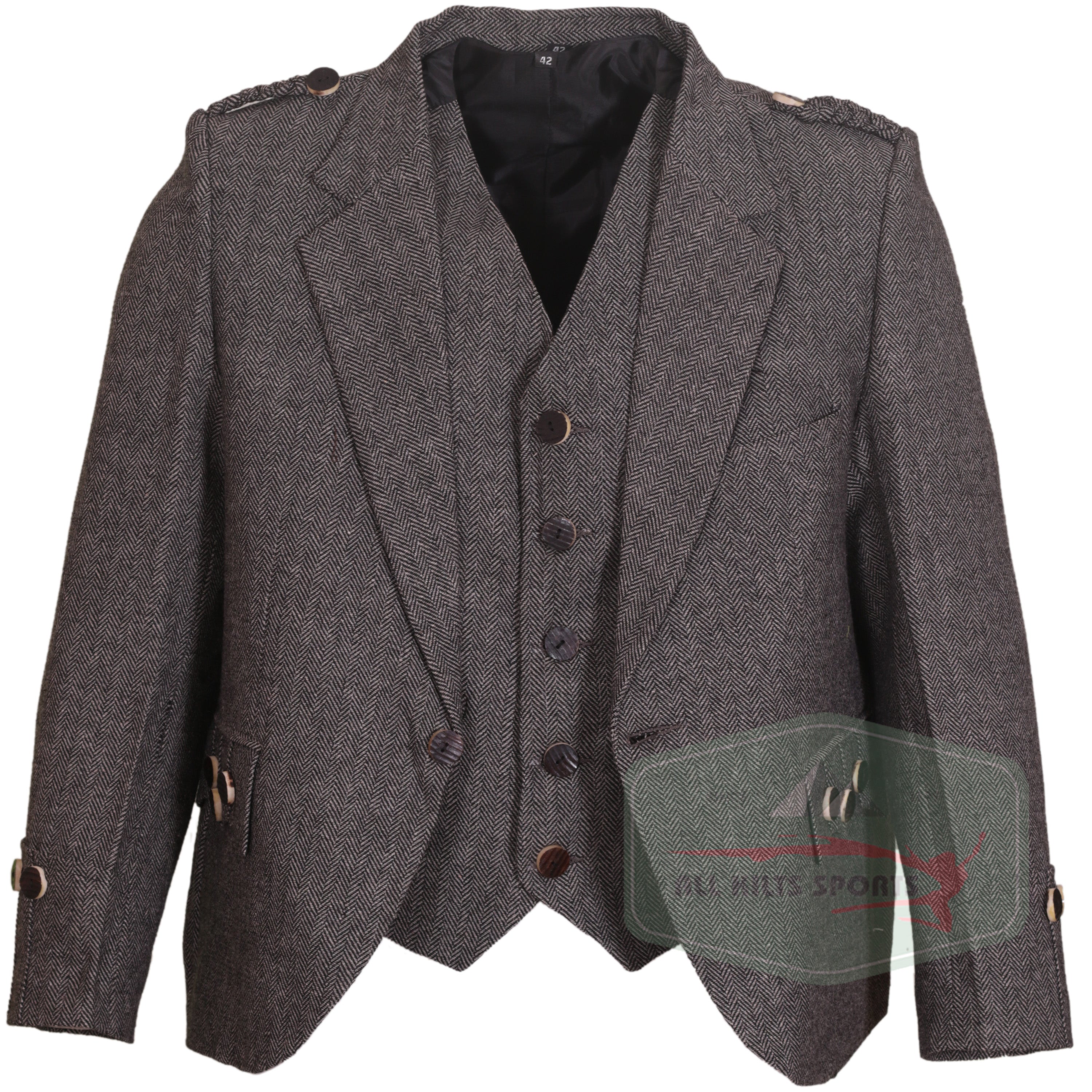 Grey Twill Argyle Jacket with matching vest and polished buttons in classic Highland style