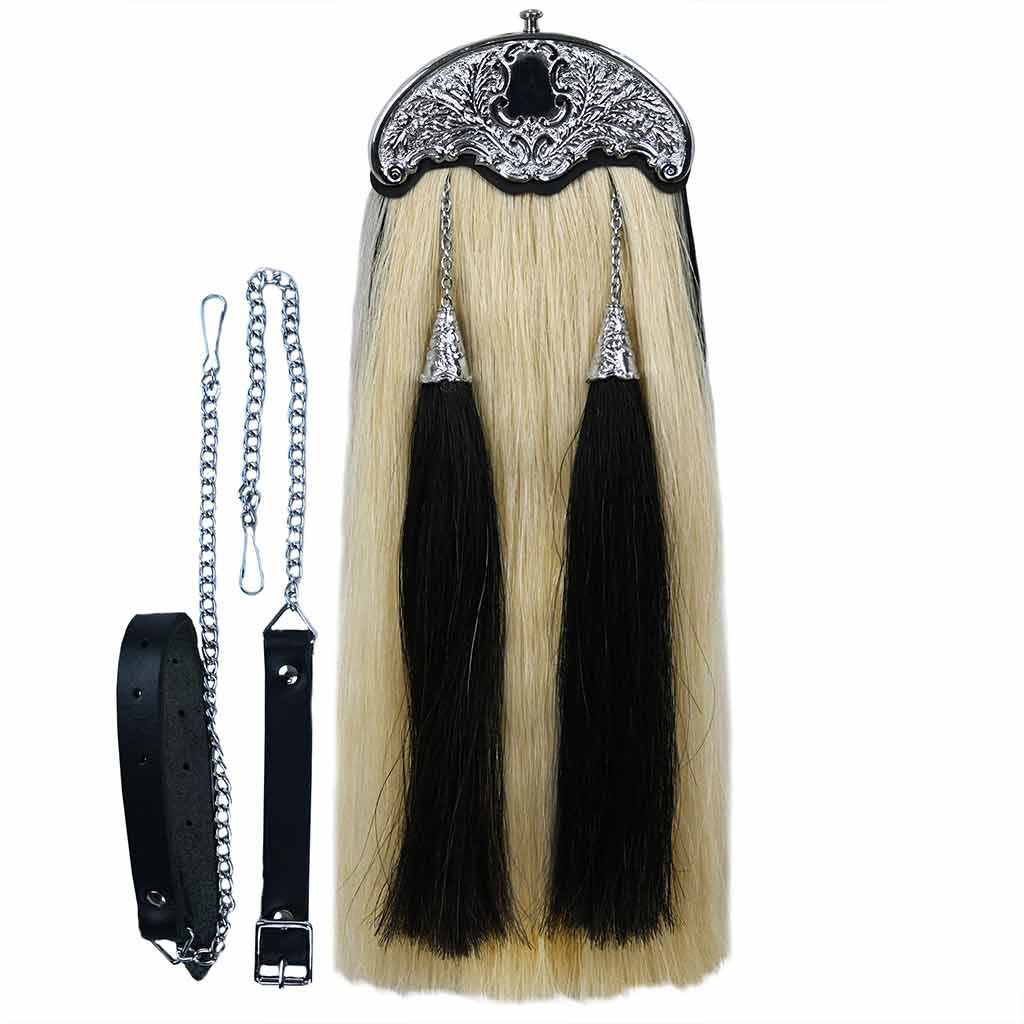 Premium White Horse Hair Sporran with Two Black Tassels | Traditional Highland Accessory