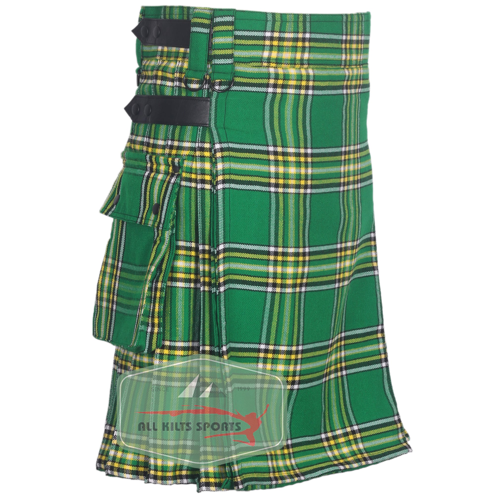 Irish Heritage Utility Kilt with Leather Straps and Cargo Pockets