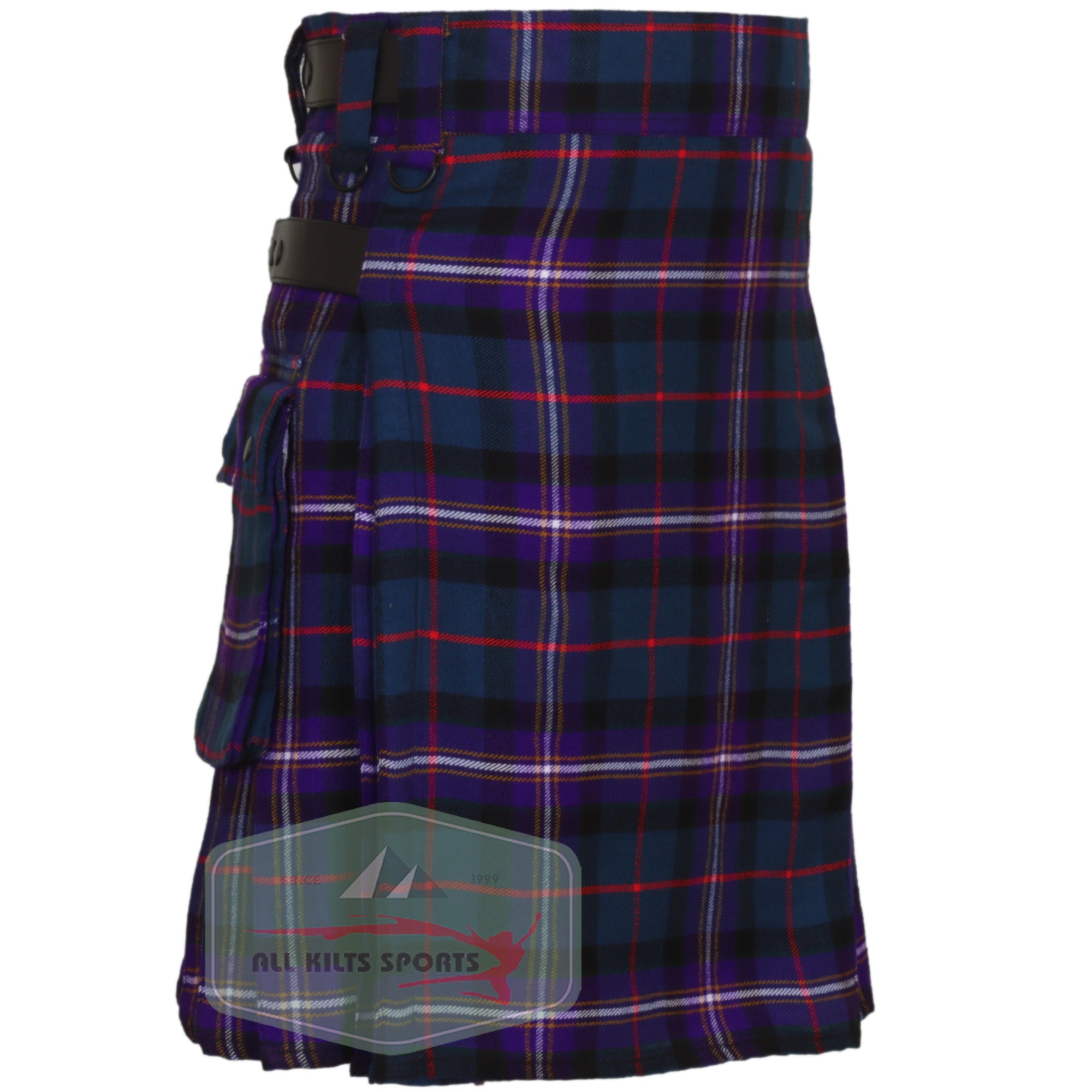 Masonic (Freemason) Tartan Utility Kilt with Leather Straps and Cargo Pockets