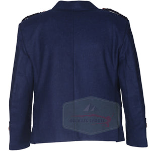 Dark Blue Argyll Jacket with matching vest in wool. Features horn-style buttons, epaulettes, and full lining. Ideal for Highland weddings and formal wear.