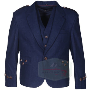Dark Blue Argyll Jacket with matching vest in wool. Features horn-style buttons, epaulettes, and full lining. Ideal for Highland weddings and formal wear.