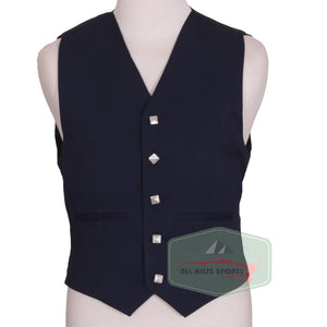 Scottish Navy Blue Argyle Kilt Jacket and 5-button vest in Vacuna wool with silver Celtic buttons, designed for formal Highland occasions.