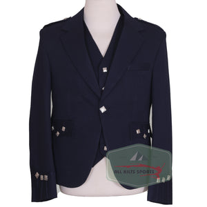 Scottish Navy Blue Argyle Kilt Jacket and 5-button vest in Vacuna wool with silver Celtic buttons, designed for formal Highland occasions.