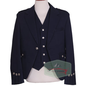 Scottish Navy Blue Argyle Kilt Jacket and 5-button vest in Vacuna wool with silver Celtic buttons, designed for formal Highland occasions.