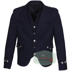 Scottish Navy Blue Argyle Kilt Jacket and 5-button vest in Vacuna wool with silver Celtic buttons, designed for formal Highland occasions.