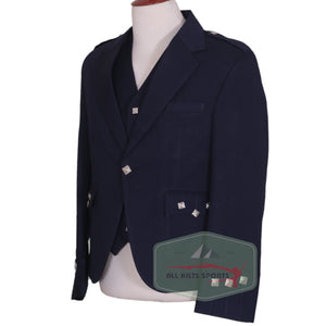 Scottish Navy Blue Argyle Kilt Jacket and 5-button vest in Vacuna wool with silver Celtic buttons, designed for formal Highland occasions.