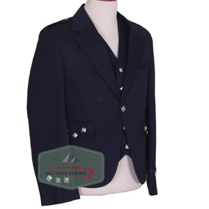 Scottish Navy Blue Argyle Kilt Jacket and 5-button vest in Vacuna wool with silver Celtic buttons, designed for formal Highland occasions.