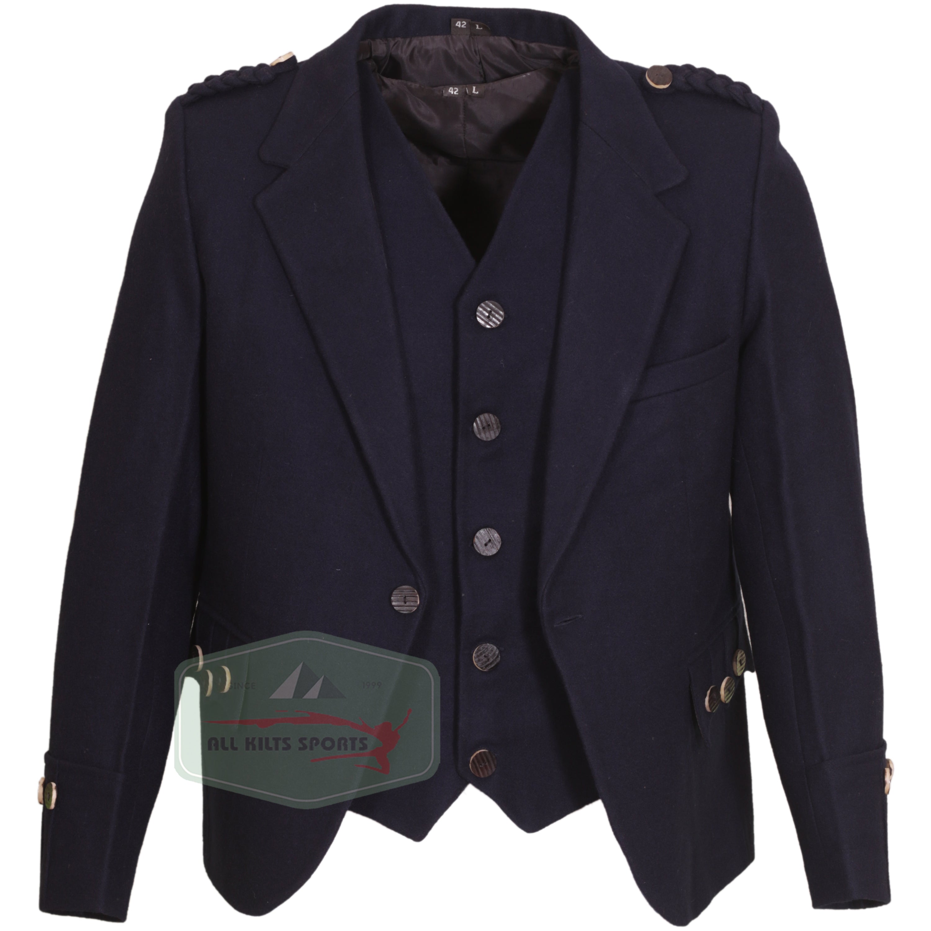 Scottish Navy Blue Argyll Kilt Jacket with matching vest, made from premium wool, featuring horn-style buttons and braided epaulettes.