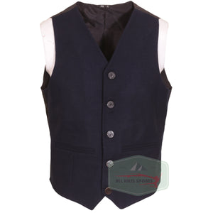 Scottish Navy Blue Argyll Kilt Jacket with matching vest, made from premium wool, featuring horn-style buttons and braided epaulettes.