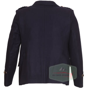 Scottish Navy Blue Argyll Kilt Jacket with matching vest, made from premium wool, featuring horn-style buttons and braided epaulettes.