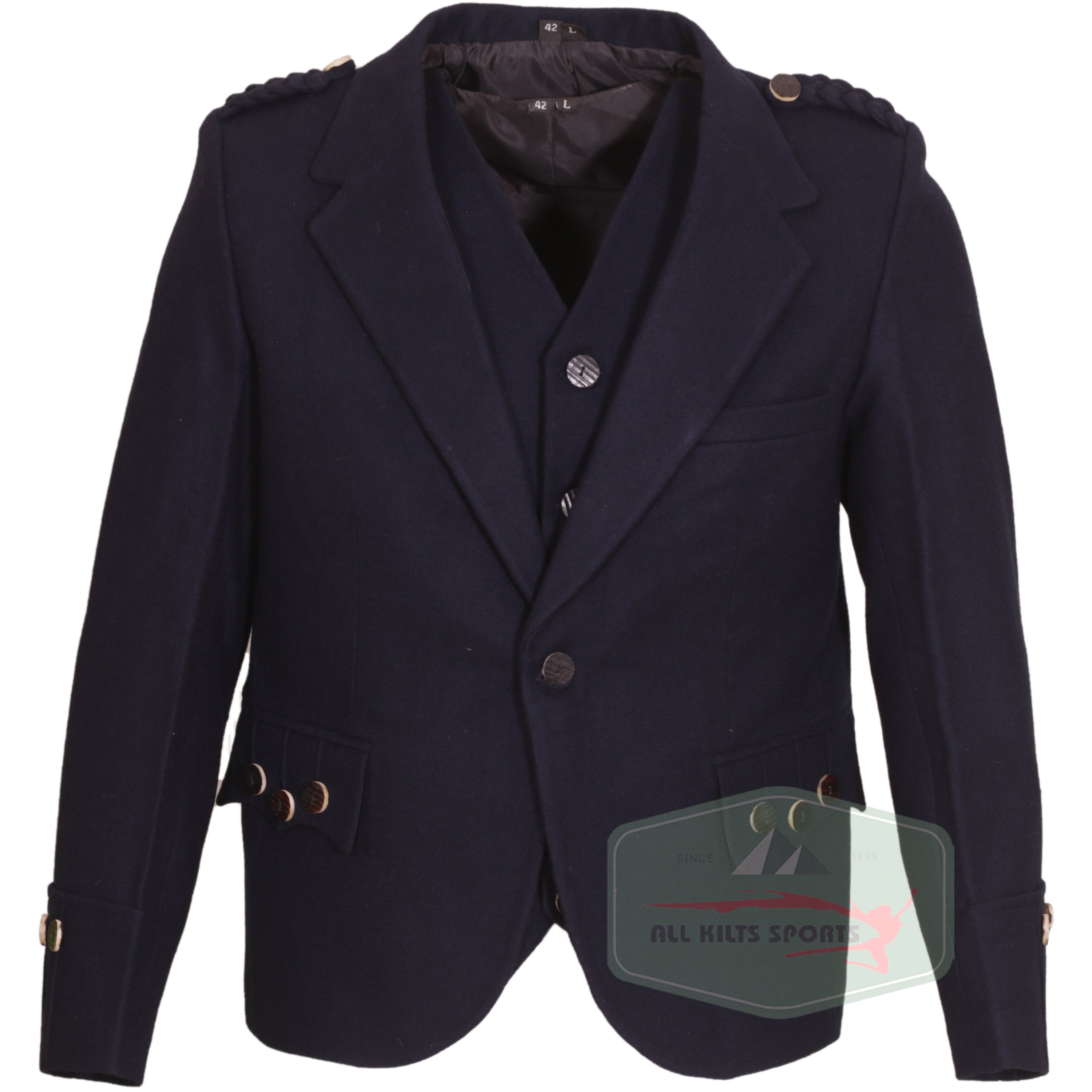 Men's Navy Blue Wool Argyle Jacket with 5 Button Vest - Classic Design, Custom Fit Options, Unique Round Horn Buttons