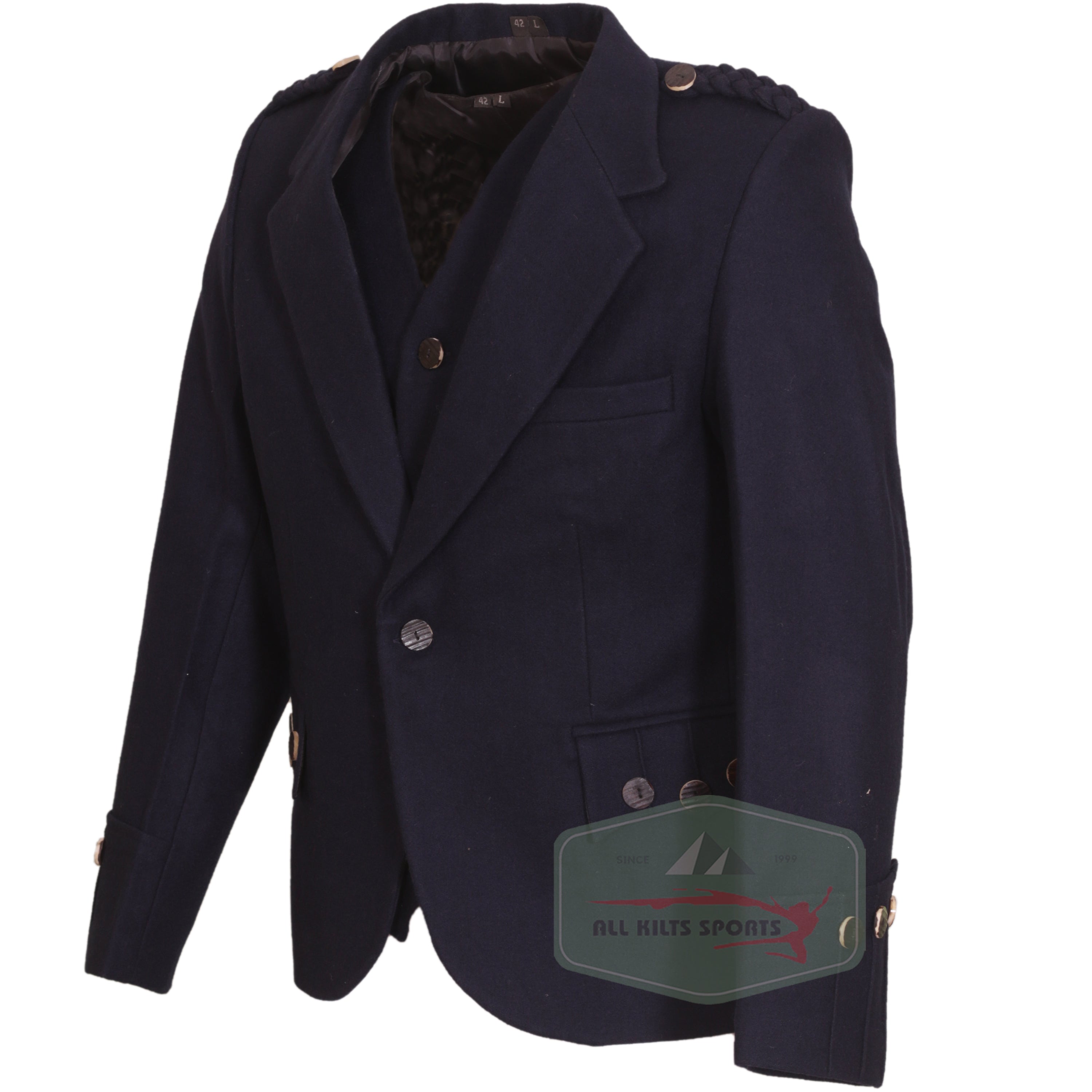 Men's Navy Blue Wool Argyle Jacket with 5 Button Vest - Classic Design, Custom Fit Options, Unique Round Horn Buttons