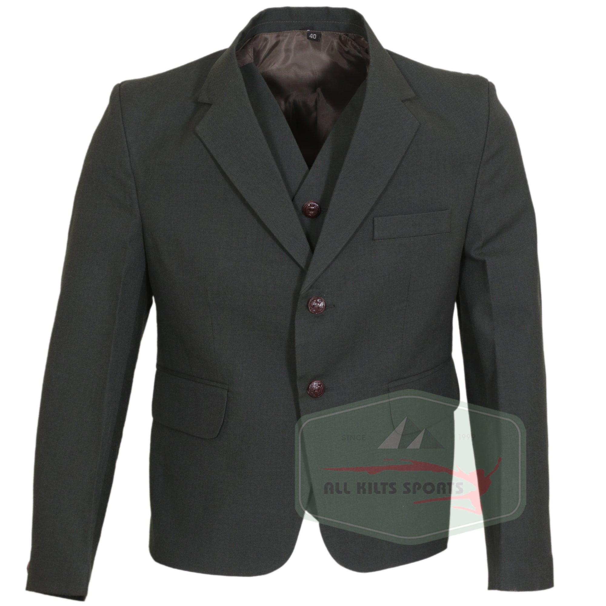 Olive Green Scottish Argyll Jacket and Vest set made from premium Vacuna wool for formal kilt outfits.