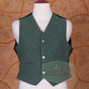 Olive green Argyle jacket and 3-button wool vest with silver square buttons displayed on a mannequin.