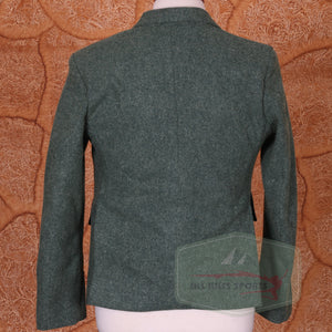 Olive green Argyle jacket and 3-button wool vest with silver square buttons displayed on a mannequin.
