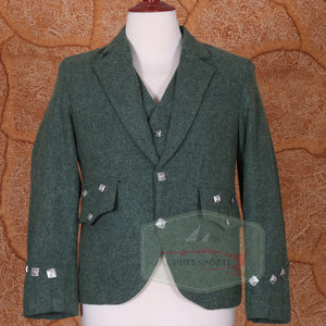Olive green Argyle jacket and 3-button wool vest with silver square buttons displayed on a mannequin.