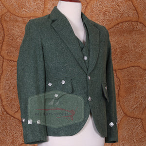 Olive green Argyle jacket and 3-button wool vest with silver square buttons displayed on a mannequin.