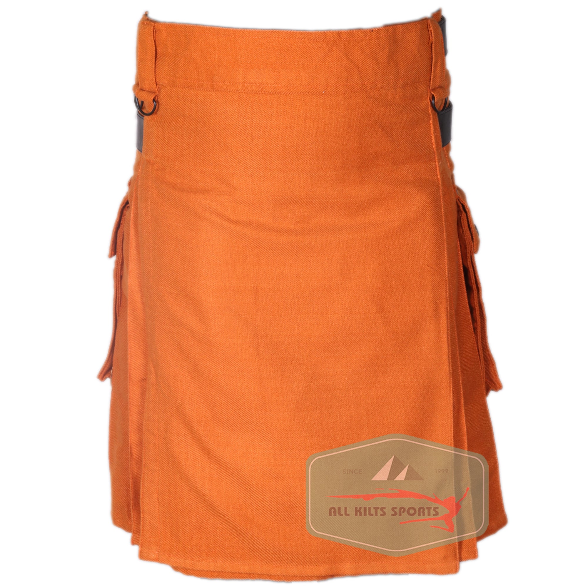 Saffron Tartan Utility Kilt with Leather Straps and Cargo Pockets
