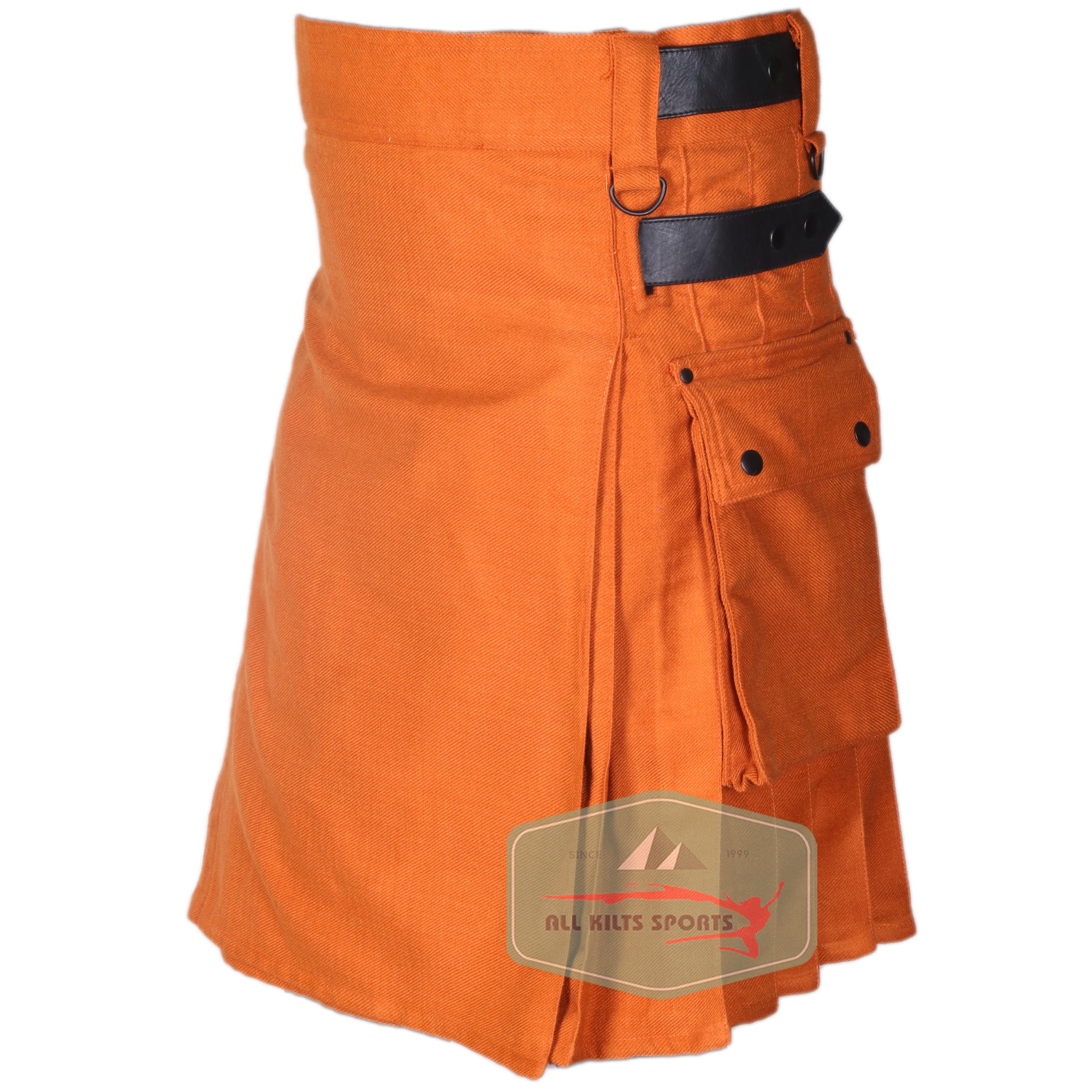 Saffron Tartan Utility Kilt with Leather Straps and Cargo Pockets
