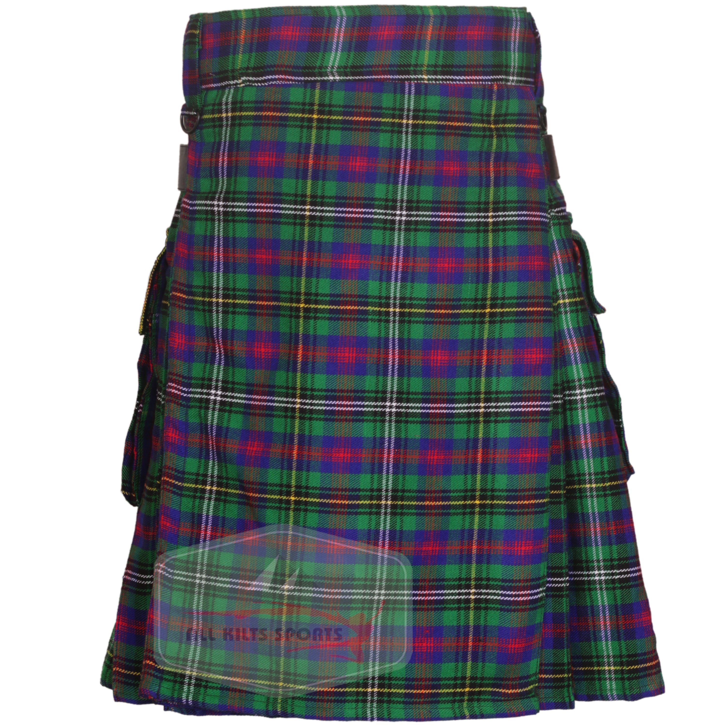 Wood Tartan Utility Kilt with Leather Straps and Cargo Pockets
