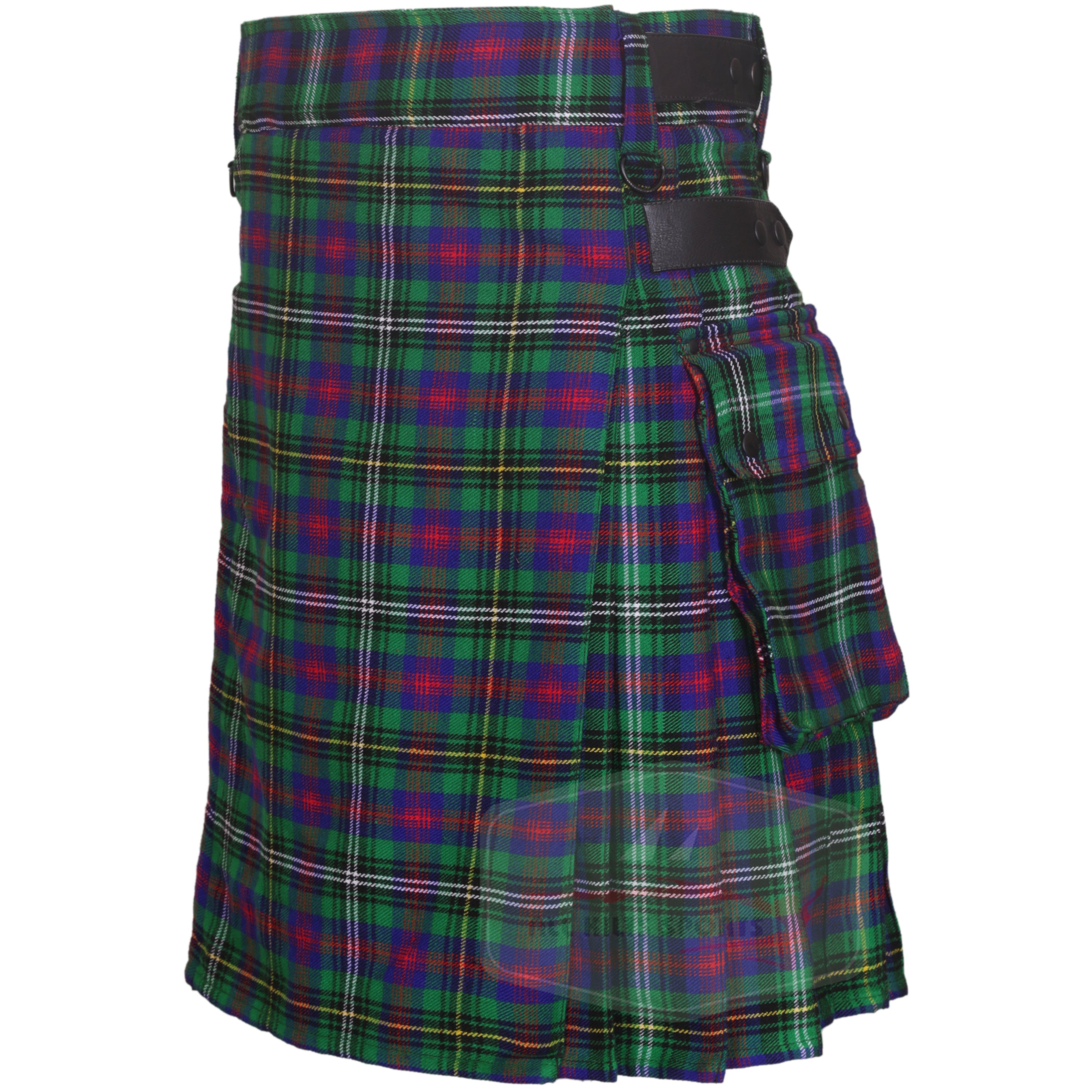 Wood Tartan Utility Kilt with Leather Straps and Cargo Pockets