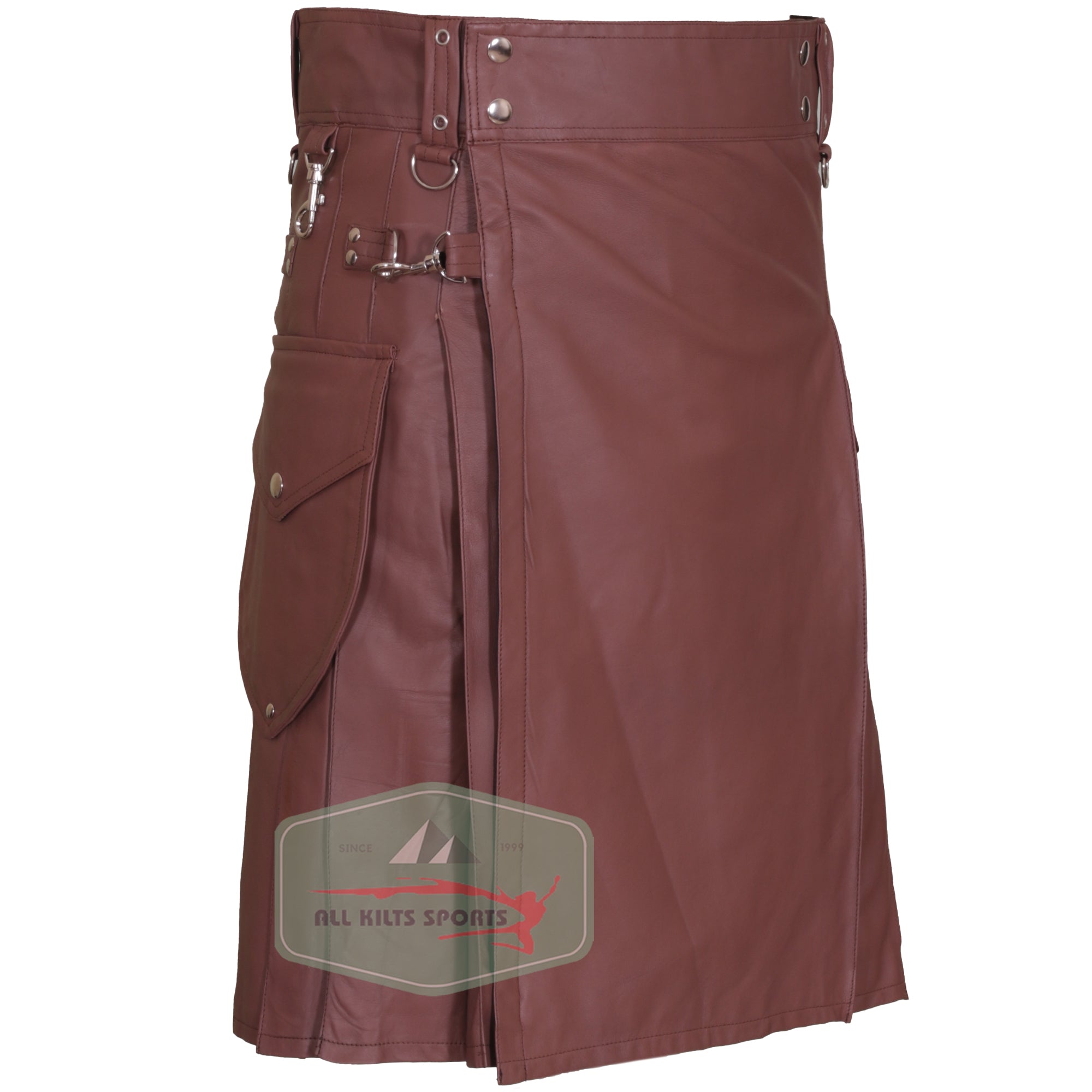 Men's Genuine Cowhide Light Brown Leather Kilt with Cargo Pockets