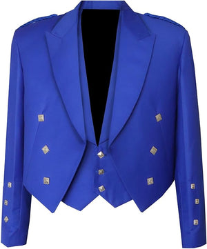Blue Prince Charlie Jacket with 3 Button Vest crafted from 15oz Barathea Wool, featuring black satin lapels, Rampant Lion buttons, and braided epaulets.